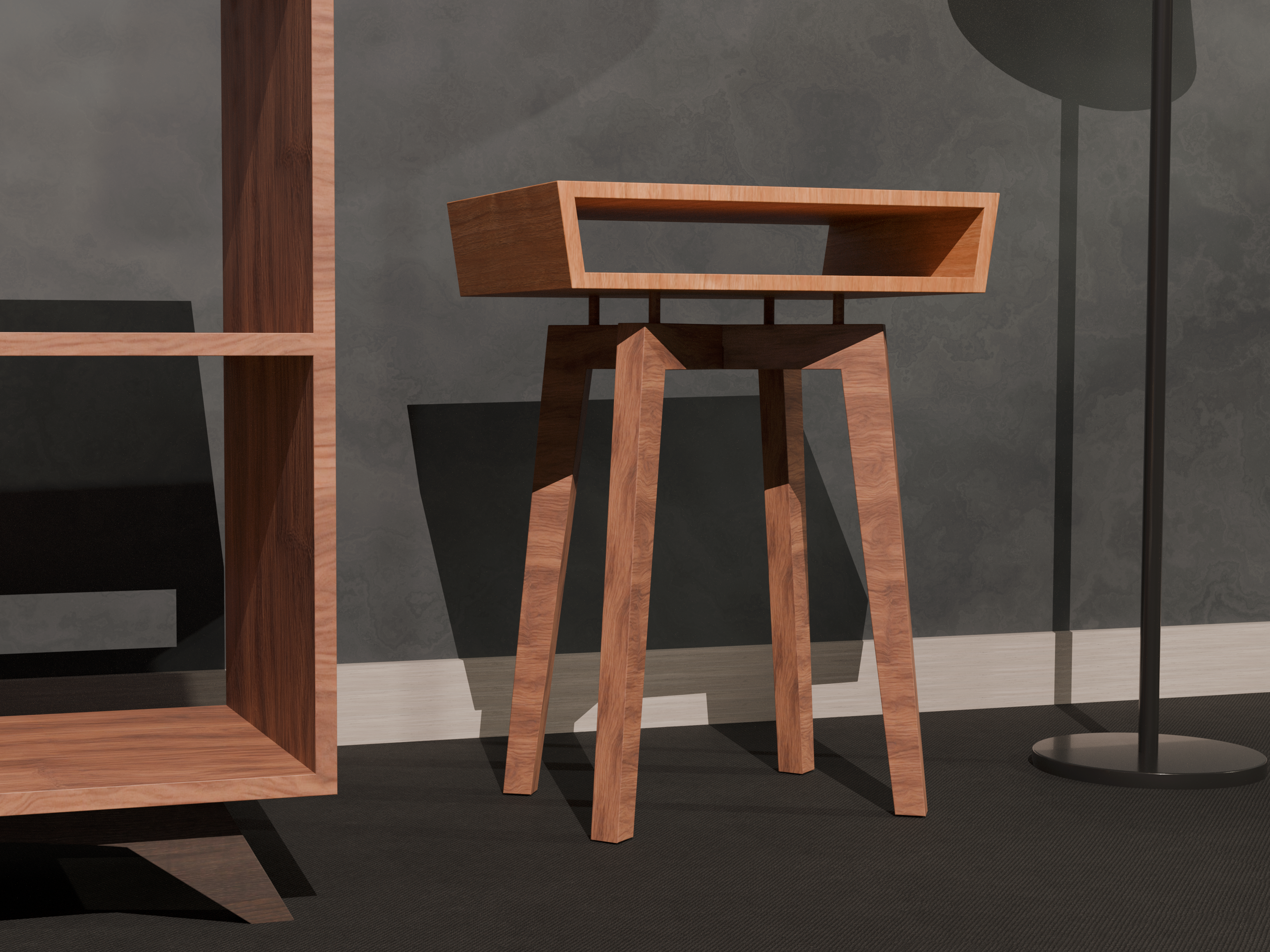 Wooden stool with a shelf against a dark wall